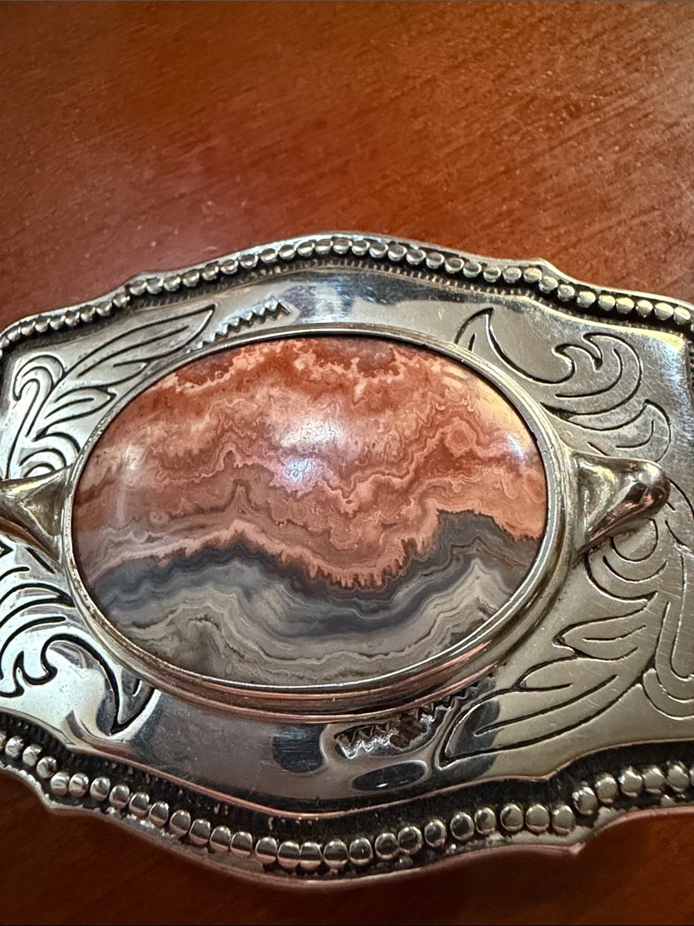 Silver-Tone Decorative Stone Accent belt buckle  in orange  and Gray agate